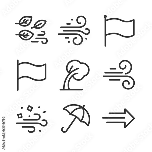 Gust Phenomena Icons. Outline icon set of gust phenomena: blowing leaves, swirling dust, fluttering flag, flying papers, bending