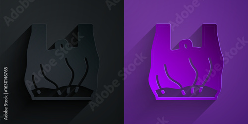 Paper cut Say no to plastic bags poster icon isolated on black on purple background. Disposable cellophane and polythene package prohibition sign. Paper art style. Vector