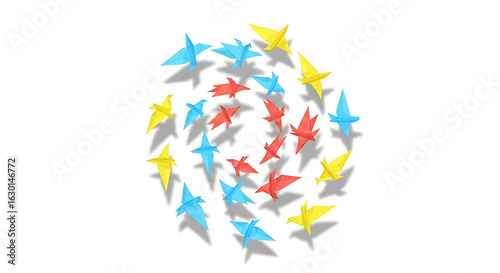 Colorful Origami Birds Arranged in a Circular Formation on White Background Minimalist design