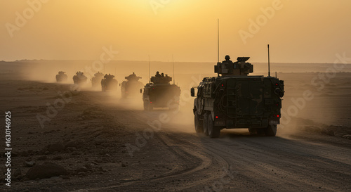 Military convoy transports vehicles through desert landscape, with a line of armored vehicles moving forward at dawn.