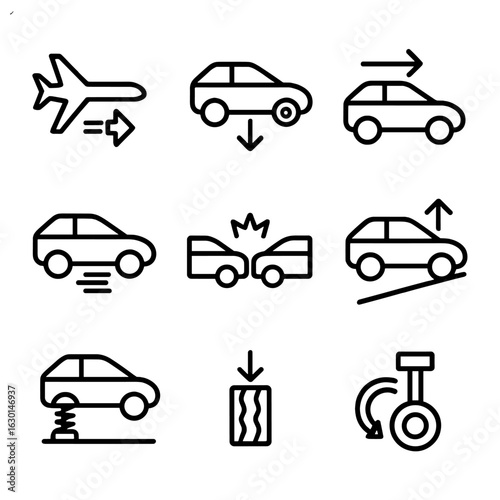 Vehicle Force Icons. Outline icon set of force in vehicles: engine thrust, brake force, acceleration, drag, impact collision,