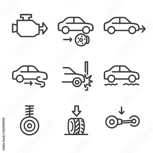 Vehicle Force Icons. Outline icon set of force in vehicles: engine thrust, brake force, acceleration, drag, impact collision,