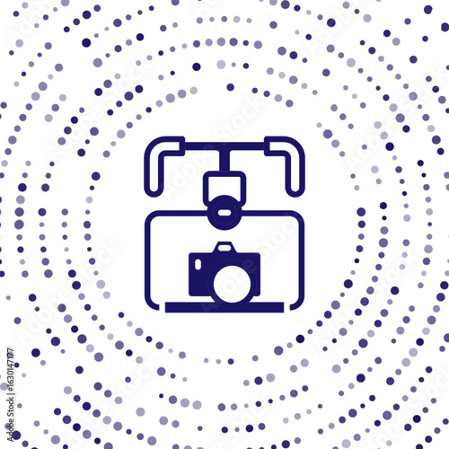 Blue Gimbal stabilizer with DSLR camera icon isolated on white background. Abstract circle random dots. Vector