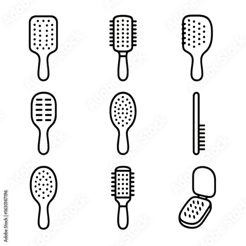 Hairbrush Icon Set. Outline icon set of hairbrush types: paddle brush, round brush, detangling brush, vent brush, boar bristle
