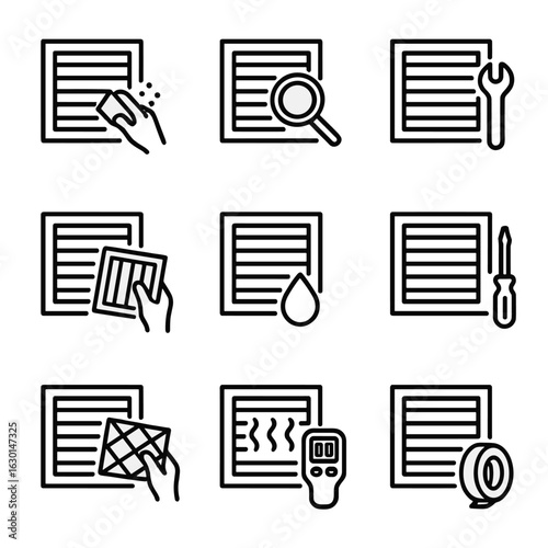 Vent Maintenance Icons. Outline icon set of vent maintenance: vent cleaning, vent inspection, vent repair, vent replacement, vent