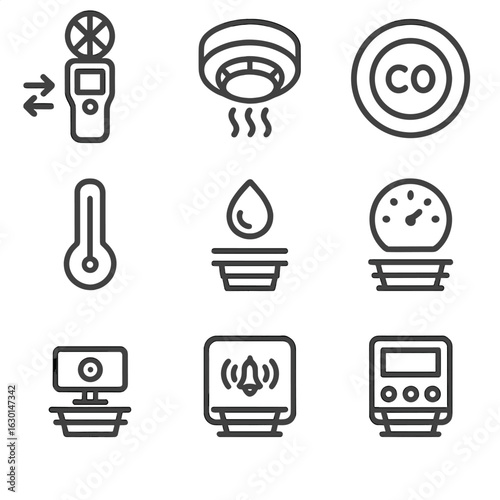 Vent Monitoring Icons Grid. Outline icon set of vent monitoring devices: airflow meter, smoke detector, carbon monoxide detector,
