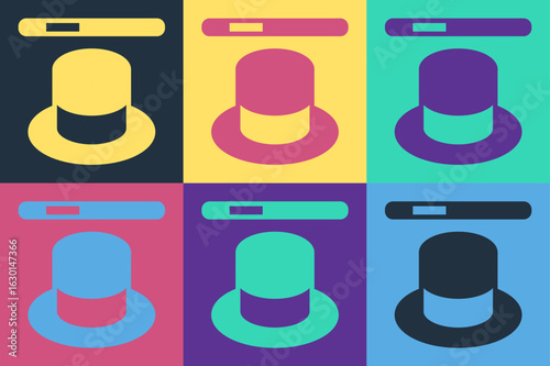 Pop art Magic hat and wand icon isolated on color background. Magic trick. Mystery entertainment concept. Vector