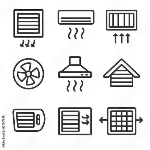 Ventilation Icon Set. Outline icon set of ventilation systems: HVAC vent, air conditioning vent, heating vent, industrial vent,
