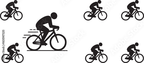 Set of Silhouette Icons Illustrating Cyclists in Motion on White Background Keywords: cycling, cyclist, bicycle, bike, sport, recreation, fitness, silhouette, icon, pictogram, action, movement