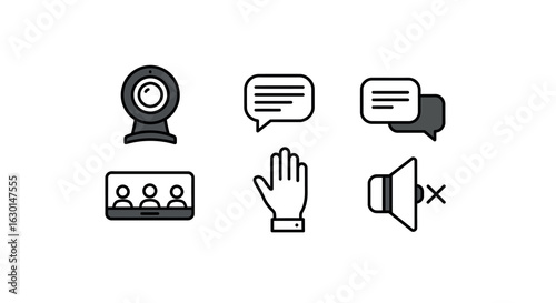 Minimalist online meeting icons for communication and virtual interaction