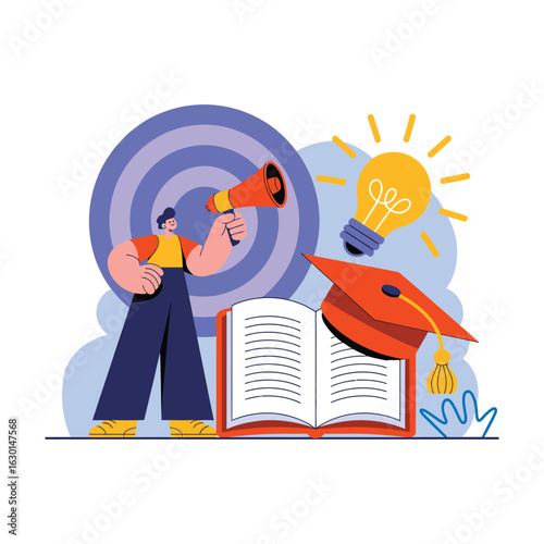 Person with megaphone in front of graduation book and target icon, symbolizing education, goals, knowledge sharing, and achievement