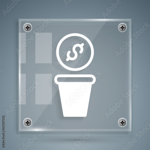 White Donation money icon isolated on grey background. Hand give money as donation symbol. Donate money and charity concept. Square glass panels. Vector