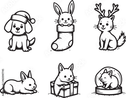 Cute holiday pets and bunnies in festive scenes