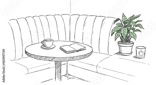 Cozy café corner with coffee, open book, and potted plant in black and white sketch