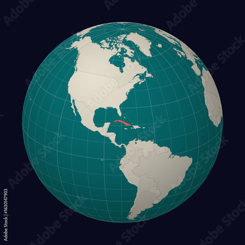 Republic of Cuba on the map. Globe centered to Cuba. Country location on the world map. Teal Pale Mint color palette. Globe with countries, meridians and parallels. Classic vector illustration.