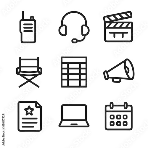Videographer Tools Icons. Outline icon set of videographer communication tools: walkie-talkie, headset, clapperboard, director