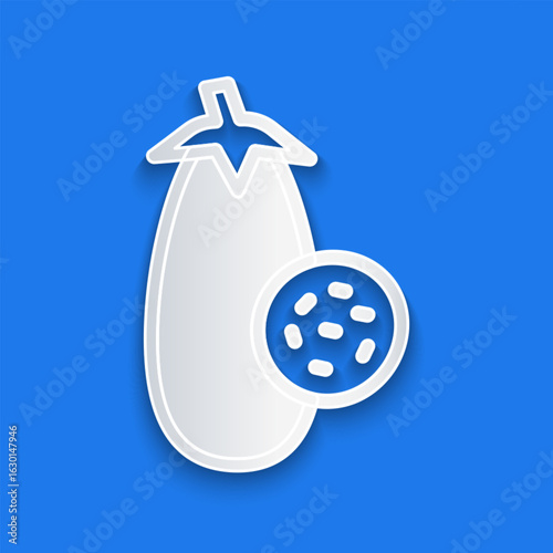 Paper cut Eggplant icon isolated on blue background. Paper art style. Vector