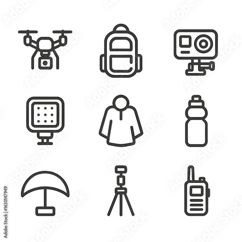 Videography Gear Icons. Outline icon set of outdoor videography gear: drone, backpack, action camera, portable light, weather