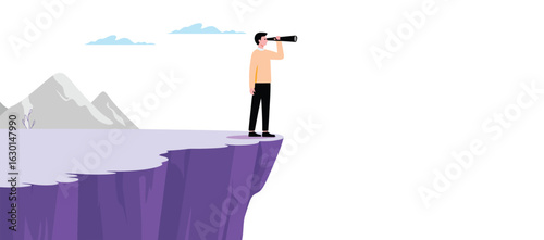Man with binoculars standing on cliff edge gazing into horizon, symbolizing adventure, exploration, future vision, and determination