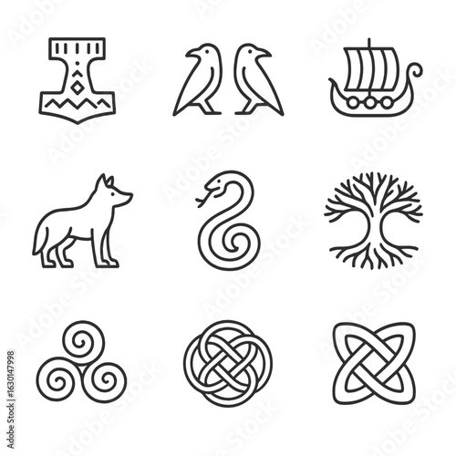 Viking Runes Icon Set. Outline icon set of runestone symbols: Elder Futhark runes, Thor’s hammer, Odin’s ravens, Viking ship, wolf