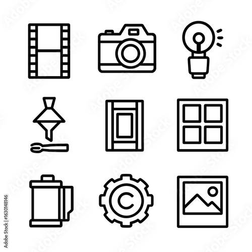 Vintage Photography Icons. Outline icon set of vintage photography: film strip, retro camera, camera flashbulb, darkroom tools,