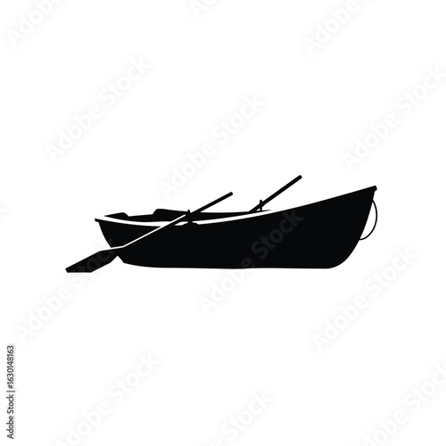 Silhouette of a rowboat with oars and seagulls flying above, isolated on white background