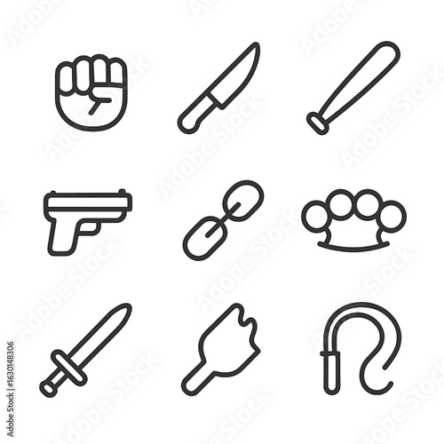 Violence Tools Icons. Outline icon set of violence tools: fist, knife, bat, gun, chains, brass knuckles, sword, broken bottle,