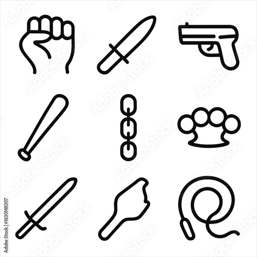 Violence Tools Icons. Outline icon set of violence tools: fist, knife, bat, gun, chains, brass knuckles, sword, broken bottle,