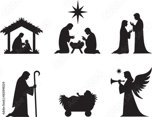 Christmas nativity scene silhouettes with angel and star