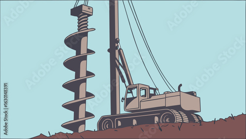 Illustration of a Tracked Drilling Rig with Auger on Soil.