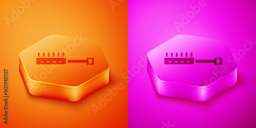 Isometric Sauna brush icon isolated on orange and pink background. Wooden brush with coarse bristles for washing in the bath. Anti cellulite massage. Hexagon button. Vector