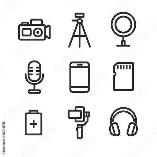 Vlog Equipment Icons. Outline icon set of vlog equipment: video camera, tripod, ring light, microphone, smartphone, memory card,