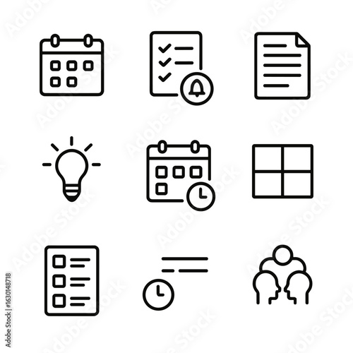 Vlog Planning Icons. Outline icon set of vlog planning and scripting: calendar, checklist, script page, storyboard, idea bulb,