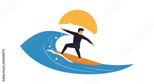 A flat vector illustration of a surfer in a black wetsuit riding a large blue ocean wave under a yellow sun.