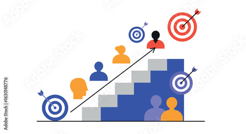 Business growth concept with people climbing steps towards target