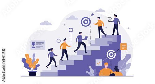 Teamwork success journey concept with people climbing stairs in modern abstract style