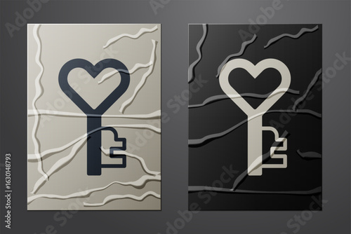 White Key in heart shape icon isolated on crumpled paper background. Happy Valentines day. Paper art style. Vector