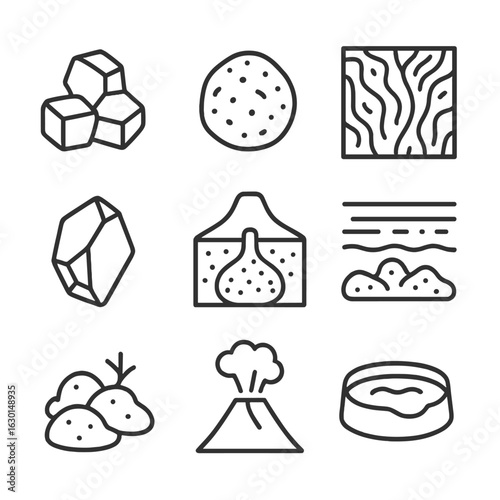 Volcanic Geology Icons. Outline icon set of volcanic geology: basalt rock, pumice stone, lava flow pattern, volcanic glass, magma