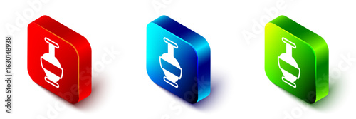 Isometric Ancient amphorae icon isolated on white background. Red, blue and green square button. Vector