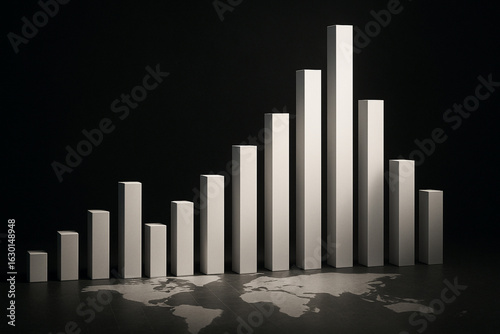 Worldwide economic cycles depicted with a bar graph on a map of the planet.