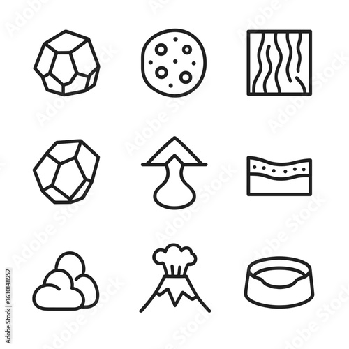Volcanic Geology Icons. Outline icon set of volcanic geology: basalt rock, pumice stone, lava flow pattern, volcanic glass, magma