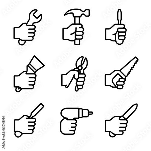 Hand Tools Icons. Outline icon set of hand tools: hand with wrench, hand holding hammer, hand with screwdriver, hand with