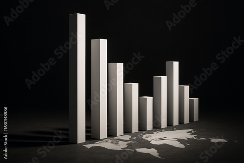 Worldwide economic cycles depicted with a bar graph on a map of the planet.