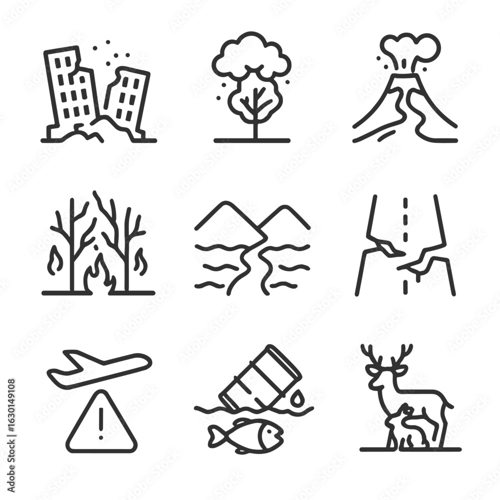Fototapeta premium Volcanic Impact Icons. Outline icon set of volcanic eruption impact: destroyed buildings, ash-covered trees, lava flow path, burnt