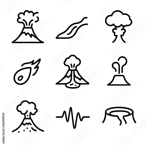 Volcanic Icons Set. Outline icon set of volcanic activity: erupting volcano, lava flow, ash cloud, volcanic bomb, magma chamber,