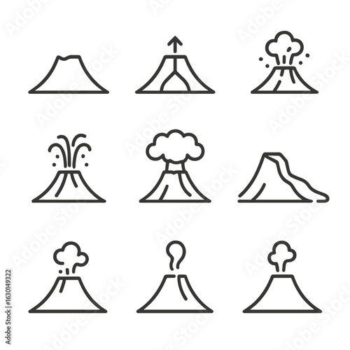 Volcano Eruption Phases. Outline icon set of volcanic eruption phases: dormant volcano, magma rise, eruption start, lava fountain,