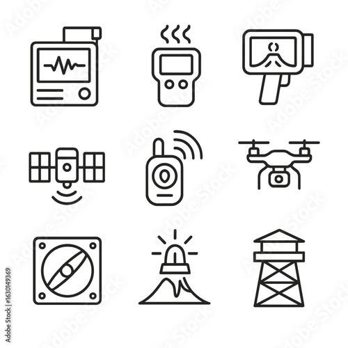 Volcano Monitoring Icons. Outline icon set of volcanic monitoring equipment: seismograph, gas analyzer, thermal camera, satellite,