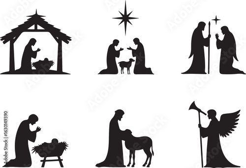 Nativity scenes silhouette, holy family, angels, stars