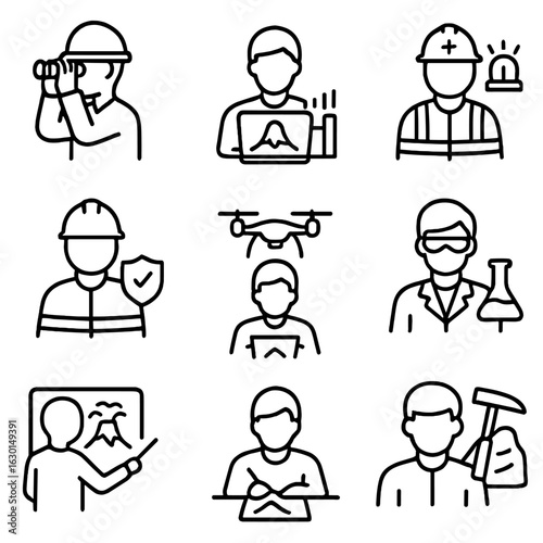 Volcanologist Roles Icons. Outline icon set of volcanologist roles: field researcher, data analyst, emergency responder, safety