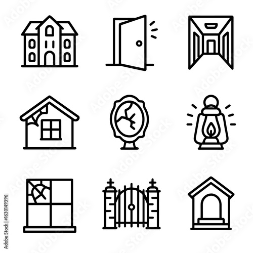 Haunted Location Icons. Outline icon set of haunted locations: abandoned mansion, creaking door, empty corridor, dusty attic,